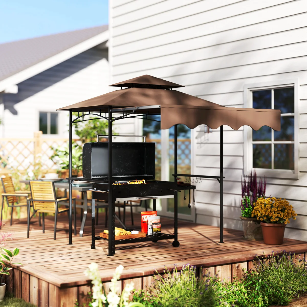 8' x 5' Grill Gazebo, Double Tiered Outdoor BBQ Gazebo with Side Awning, 2 Side Shelves and 6 Hooks for Patio, Deck, Yard