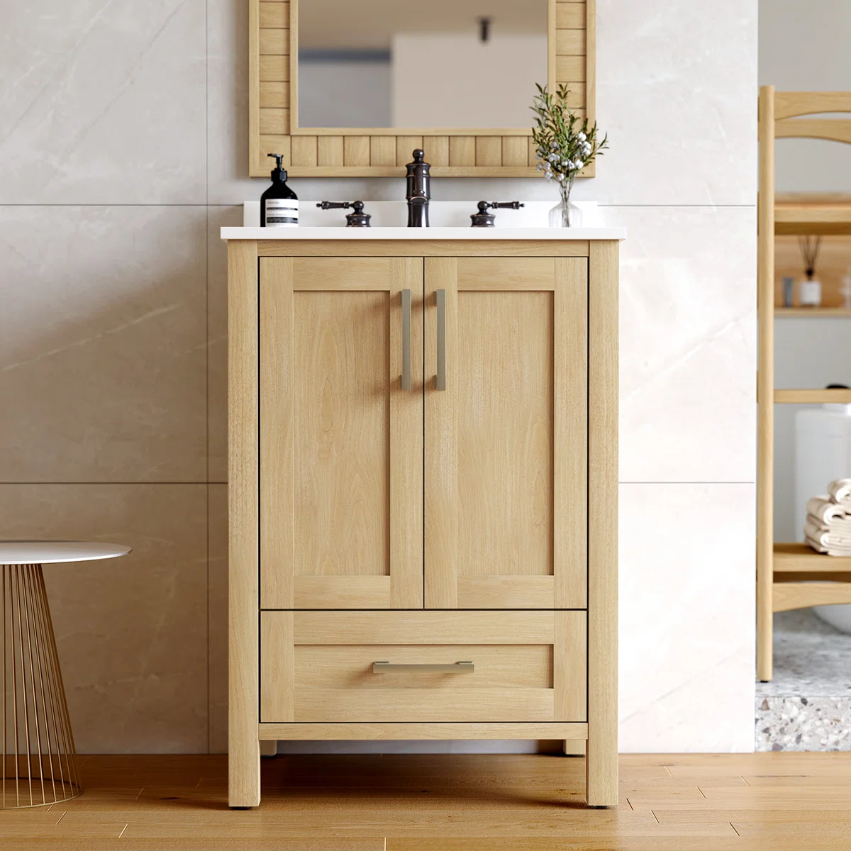 24" Bathroom Vanity With Bombay White Engineered Stone Countertop, Backsplash, And Ceramic Basin Single Sink