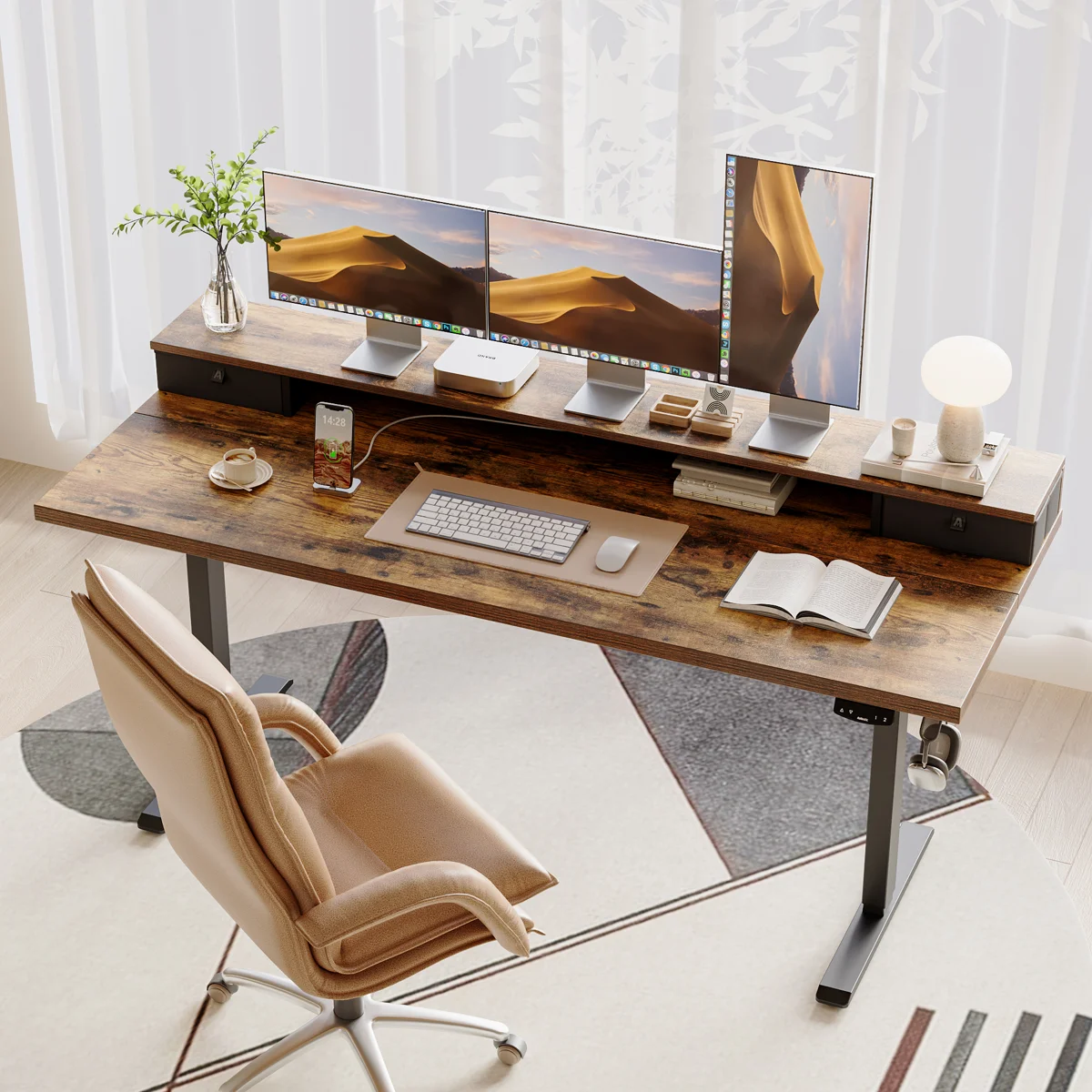Electric Height Adjustable Standing Desk With Drawers,Home Office Desk with Large Monitor Shelf