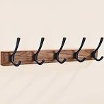 (BROKEN IN HALF) This Light Walnut Farmhouse-Style Wall-Mounted Coat Rack Has A Sleek Rectangular Shape With 5 Hooks, Combining Decorative Appeal And Practical Storage In A Space-Saving Design.