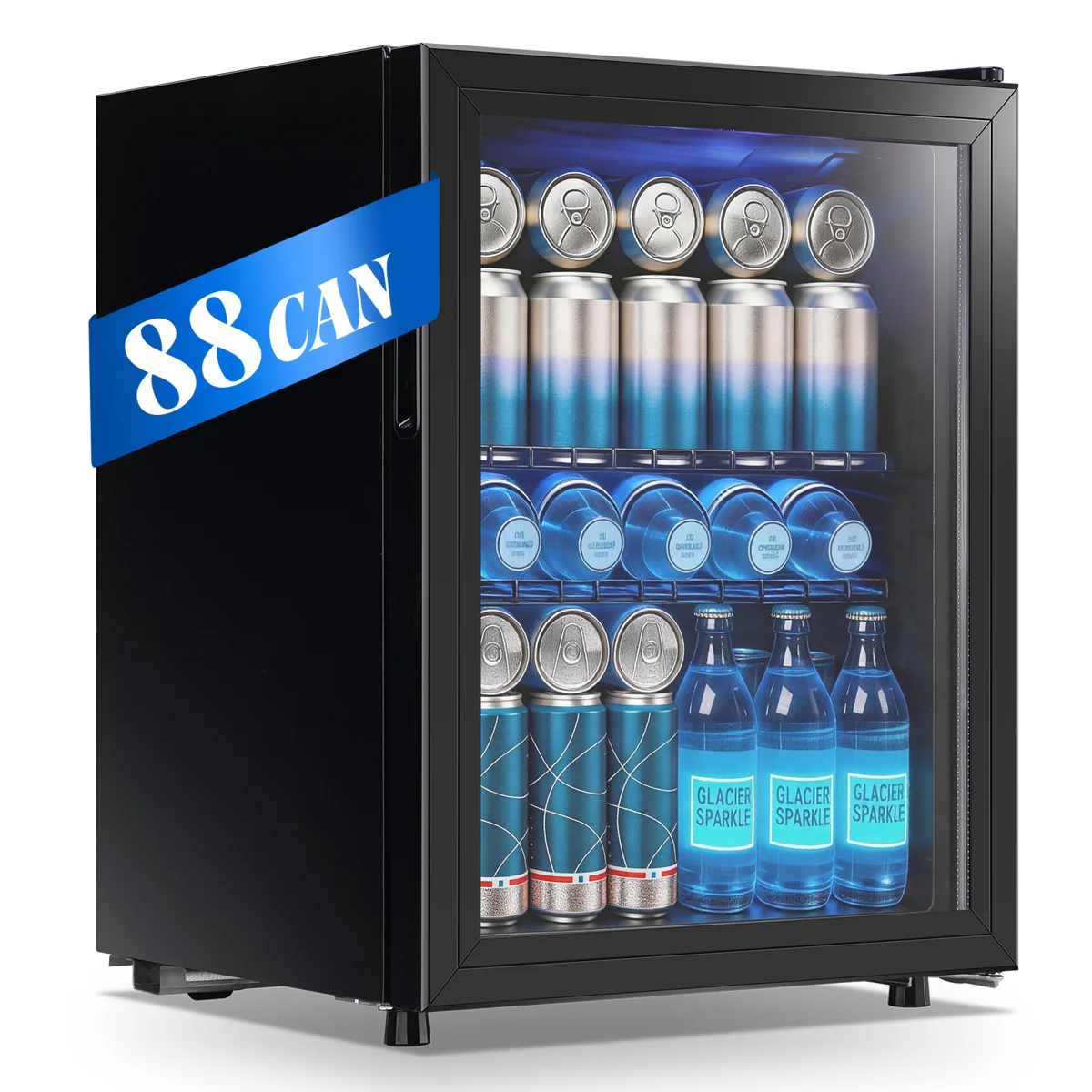 WANAI 2.6 Cu.ft Beverage Refrigerator Cooler, 88 Can Mini Fridge Glass Door with Adjustable Shelves, 7 Adjustable Temperature for Beer, Soda, Water, Freestanding Small Drink Fridge for Home, Office or Bar(Black)