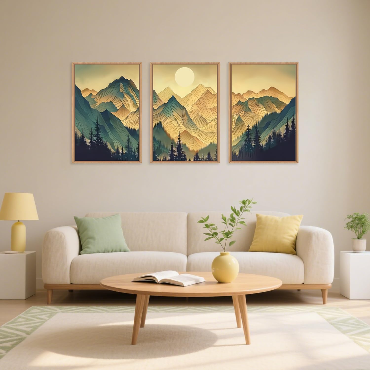 Mountains Forests Framed Canvas Wall Art Set, Abstract Woodland Painting, Boho Scenery Sun Wall Decor, Natural Woodgrain Art Print for Living Room, Bedroom, Dining Room, Office - 24x36x3 Boho Scenery Wall Art 24L x 36W