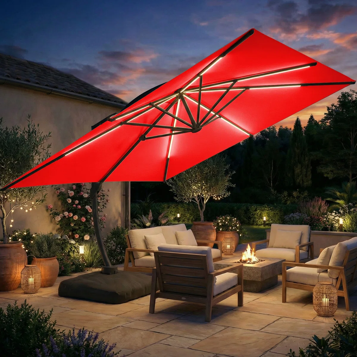 11x11ft Large Cantilever Umbrella With Base Included & Solar Powered Led Lights