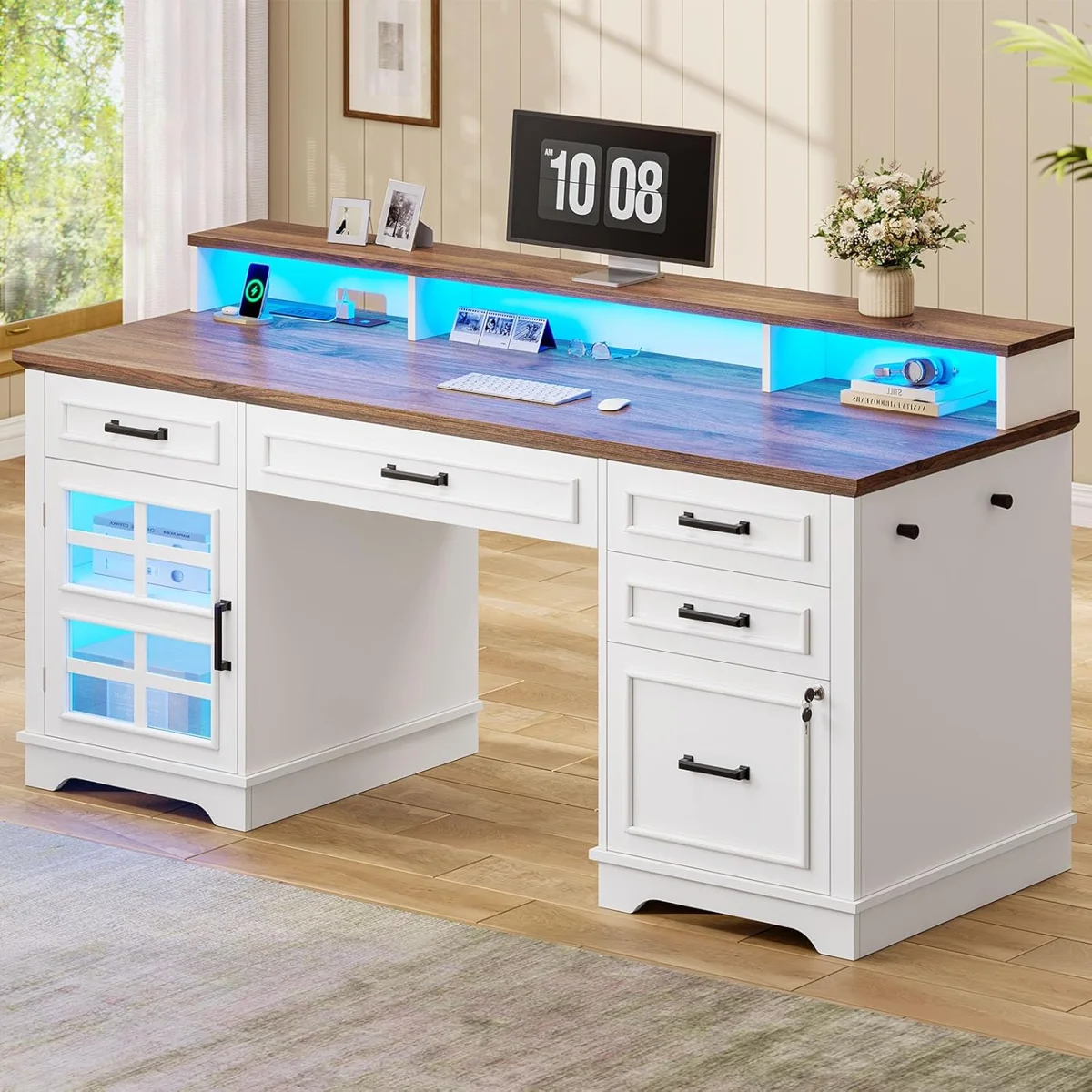 Box 2/2 60'' Farmhouse Executive Desk With Drawers, Computer Desk With Power Outlet And Led Light For Office Home, White