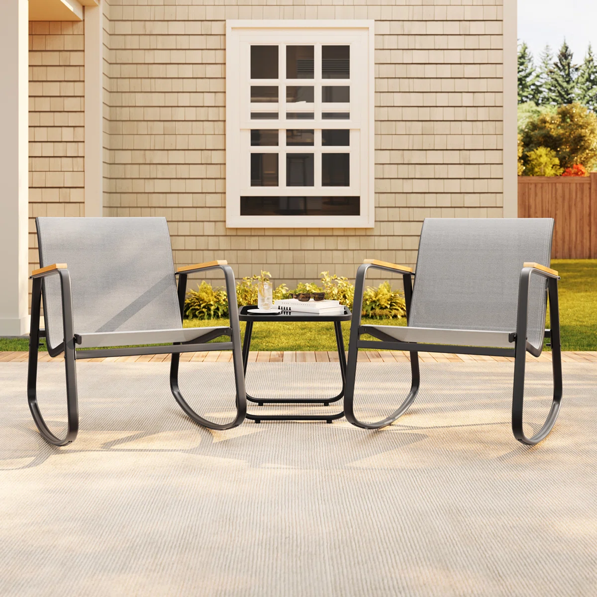 3-Piece Outdoor Rocking Patio Set – PVC-coated Polyester Chairs & Solid Wood Armrests