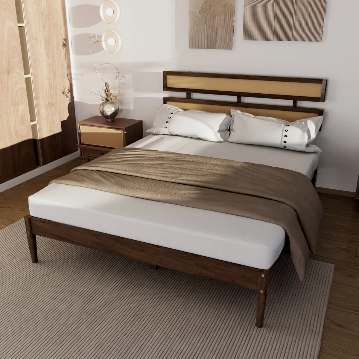 Solid Wood King Bed Frame Platform Bedframe With Rattan Headboard