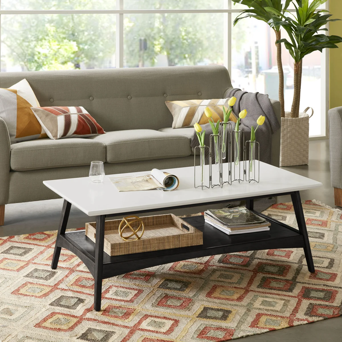 Parker Mid-century Coffee Table with Storage Shelf and White Top