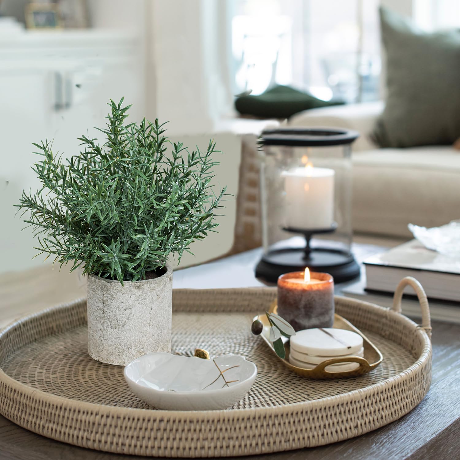 Coferset 2 Pack Small Fake Plants Rosemary Potted Artificial Plants for Shelf Desk Home Bathroom Farmhouse Room Coffee Table Decor (Green) Green-small 2