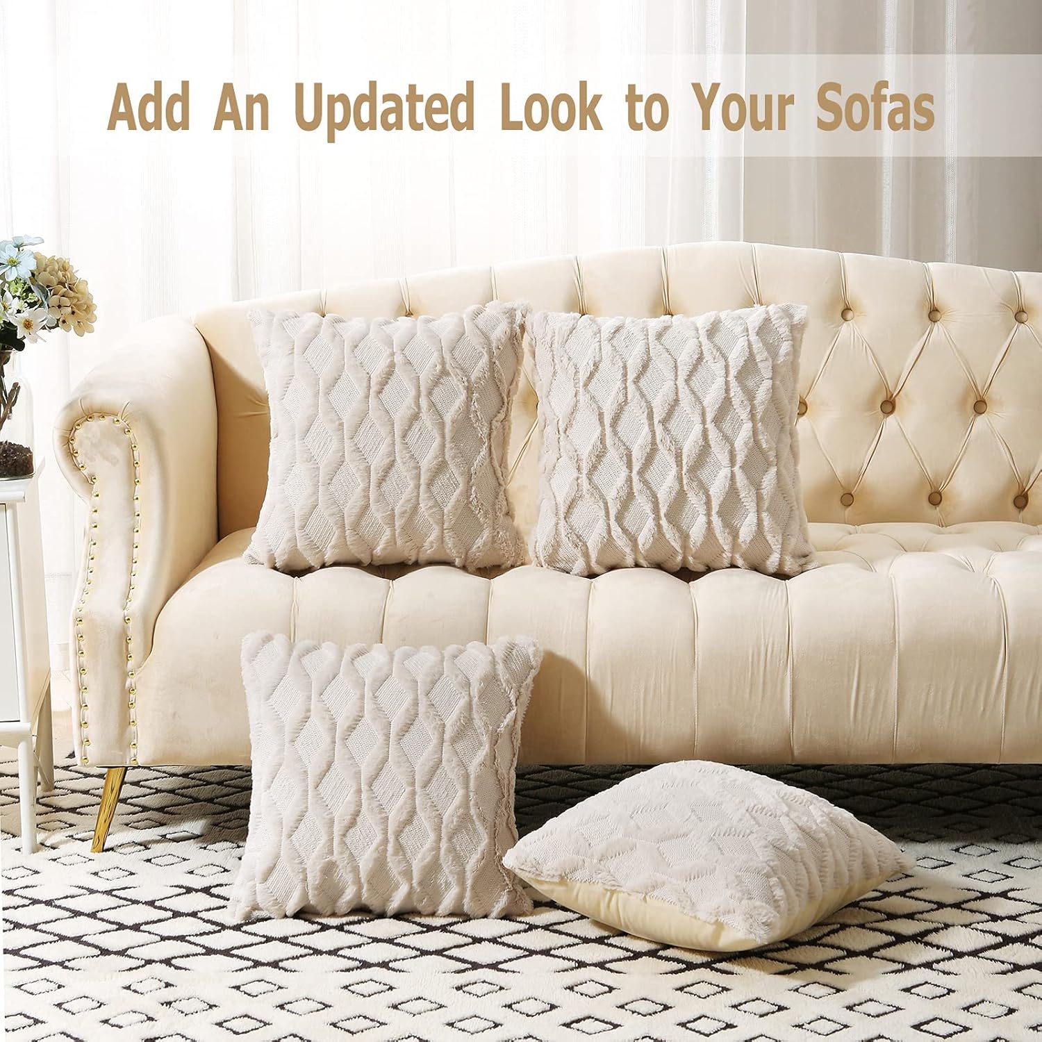 Volcanics Pack of 2 Faux Wool Throw Pillow Covers 16x16 Inches Decorative Farmhouse Velvet Couch Pillow Case Soft Plush Square Boho Cushion Pillowcase, Beige Beige 16 x 16 (Pack of 2)