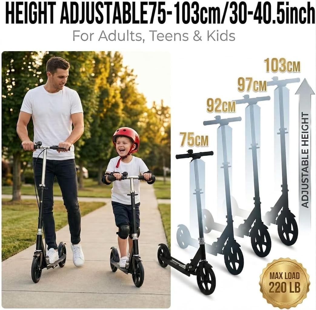Scooters for Kids 8-12, Teens & Adults - Foldable Commuter Scooter with Bell, Hand Brake & Adjustable Height, 220 LB Weight Capacity, Perfect for School, Campus, Park Rides Black