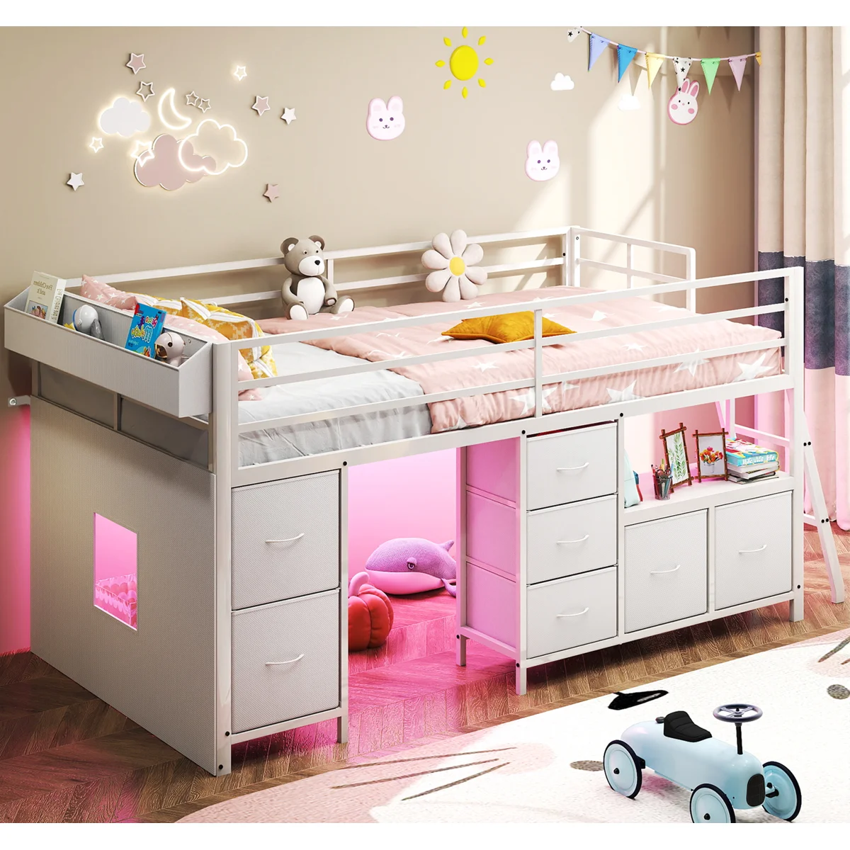 Twin Low Loft Bed With 7 Storage Drawers And Led Lights, Inclined Ladder And Under-bed Play Space