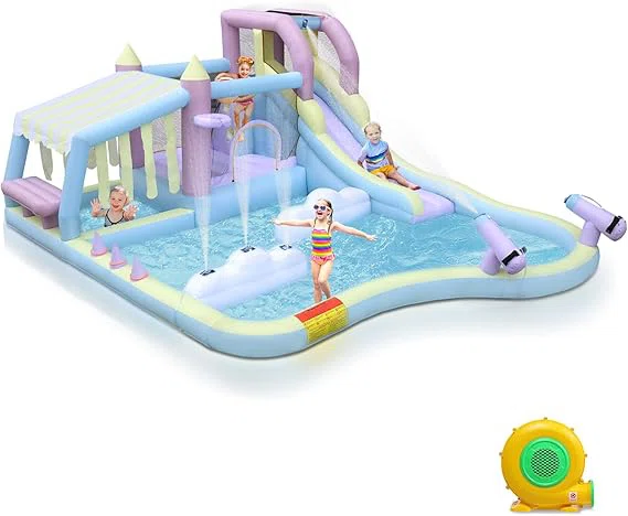 Inflatable Bounce House With Water Slide, W/Cloud Spray Water And 750W Air Blower