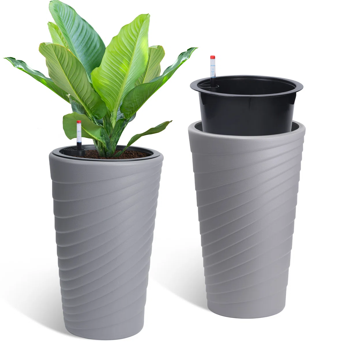 23 Inch 2Pcs Gray Tall Planters Self Watering Plant Pots with a Water Level Monitor Multiple Drainage Holes Indoor and Outdoor Flower Pots