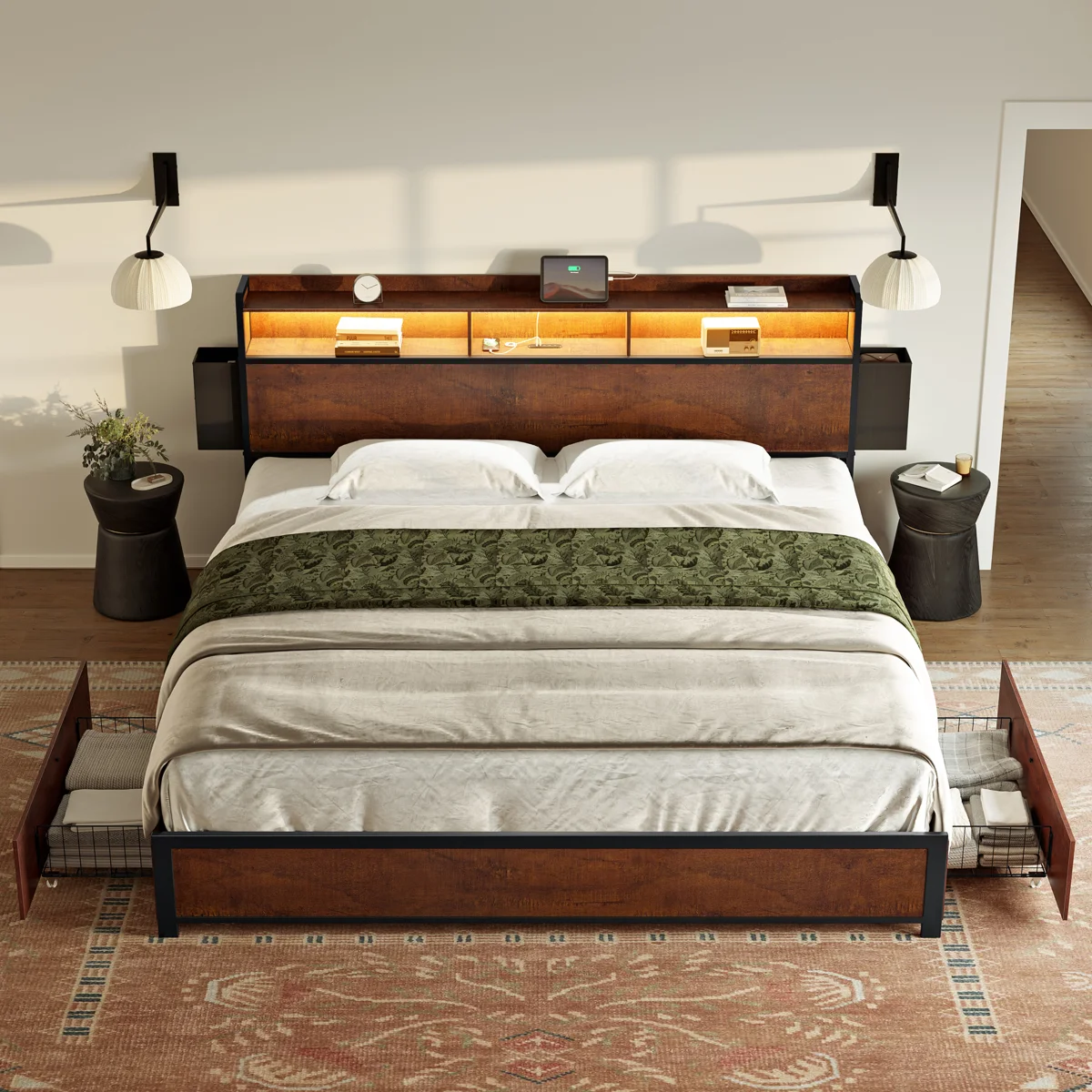 Antioch Bed Frame with Charging Station and LED Light