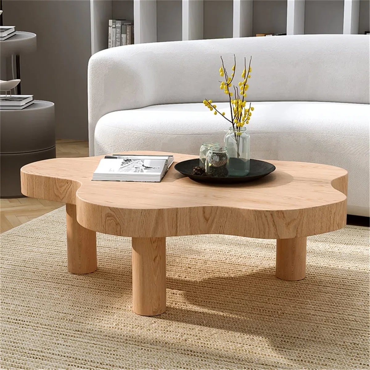 Nordic light luxury three-legged solid wood cloud-shaped coffee table, living room side table (original wood color)