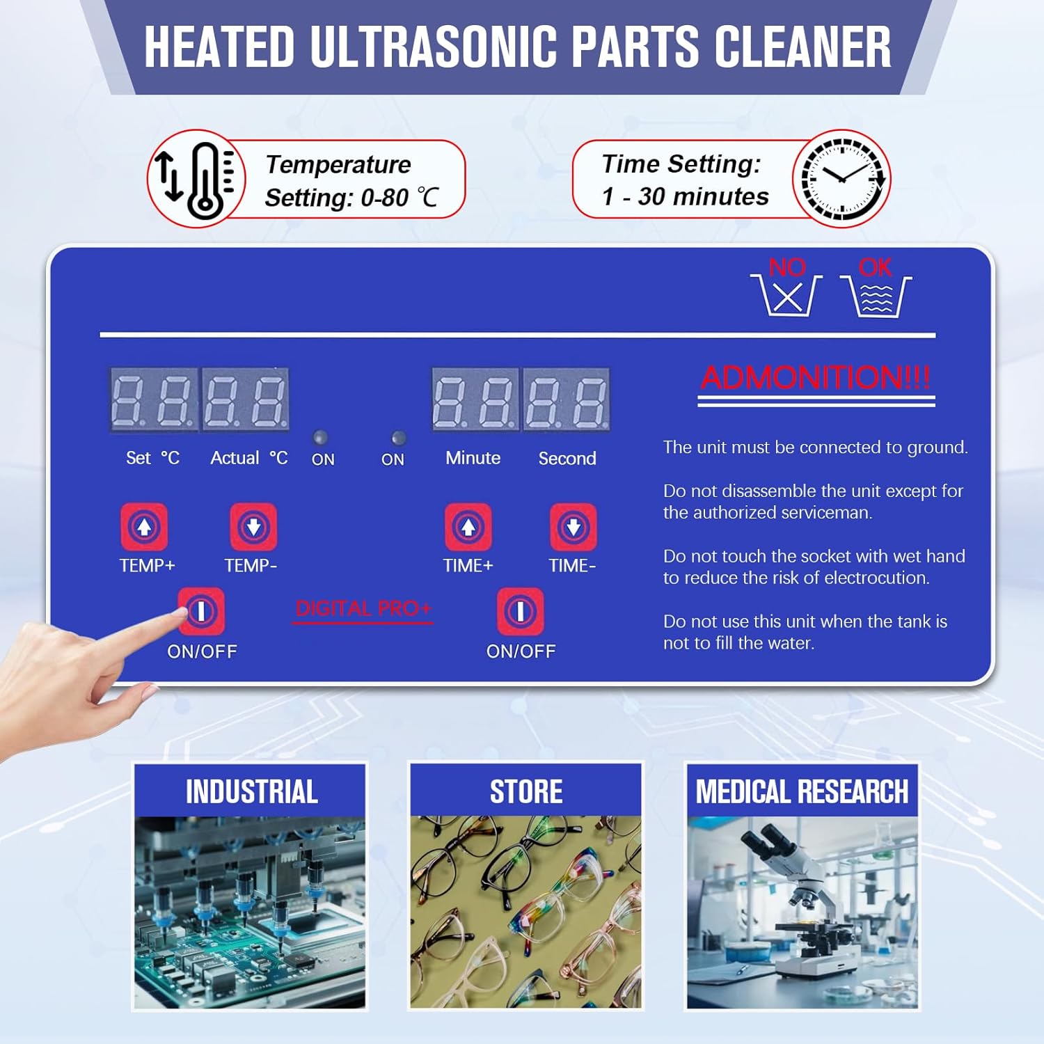 Heated Ultrasonic Parts Cleaner 3L Industrial Ultrasonic Carburetor Cleaner Machine with Digital Timer, Ultrasonic Parts Cleaner Automotive for Coin Dental Watch Cleaning, 110V