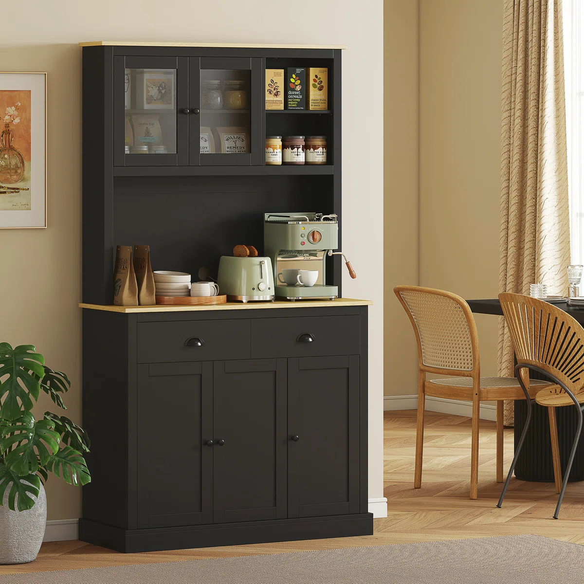 Kitchen Pantry Storage Cabinet with Microwave Stand, 71" Modern Kitchen Hutch with Glass Doors, Storage Drawers and Adjustable Shelves for Dining Room