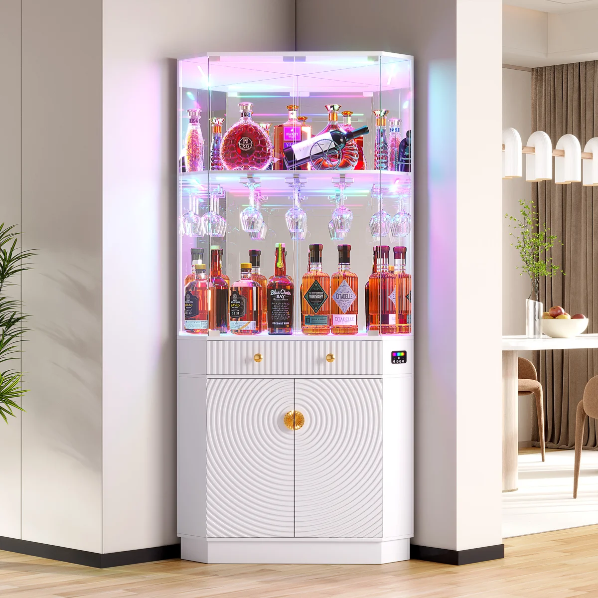 Corner Bar Cabinet With Led Lights And Human Body Sensor, 70.9" Tall Wine Cabinet Liquor Stand With Glass Holder And Tempered Glass Door