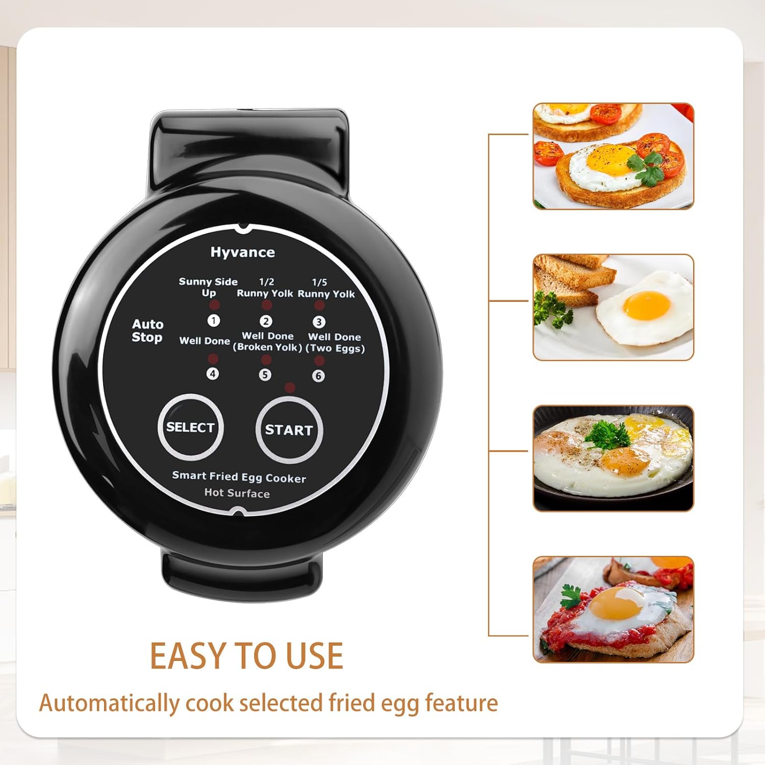 Smart Fried Egg Cooker, Automatic Fried Egg Maker for 6 Features like Sunny Side Up, Over Easy, Fully Cooked & More. Auto Power Off, Alarm, Round Shape, Non Stick Coating (Black)