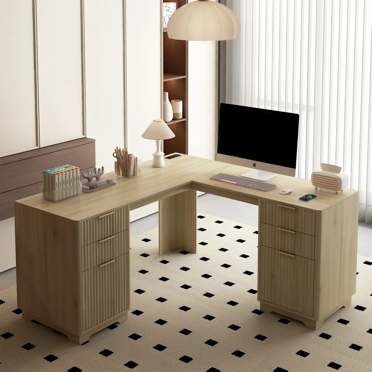 60"W L-Shaped Desk With 2 USB Ports and 3 Power Ports, Storage