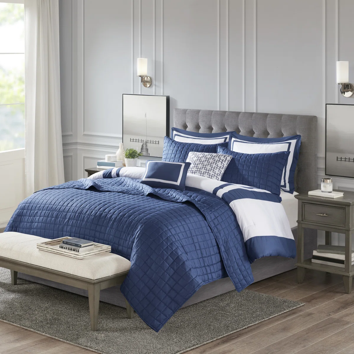 8 Piece Comforter And Quilt Set Collection Grey Full/Queen
