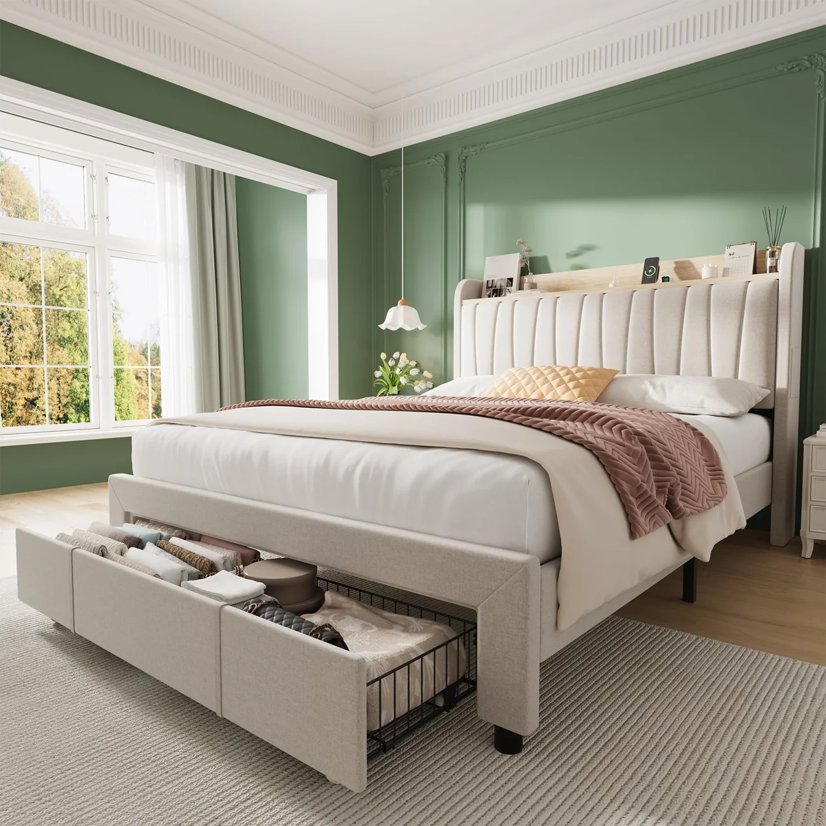 Full Size Upholstered Bed Frame with Storage Headboard and Charging Station, Platform Bed Frame with Drawers