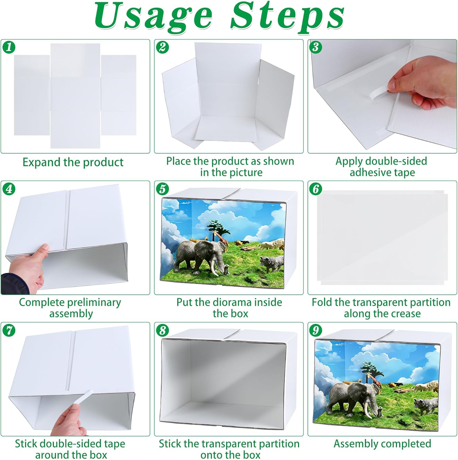 2PCS Foldable White Diorama Box Kit - 11.8x8.7x8.3 Inch Cardboard Display Box with Double-Sided Tapes & Transparent Plastic Cover for DIY Crafts, Miniatures, Figurines & School Projects