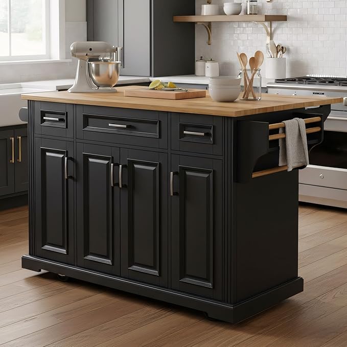 54inch Large Kitchen Island with Rubber Wood Drop Leaf, Embossed Texture Rolling Kitchen Cart on 4 Wheels with 4 Doors and 3 Drawers, Kitchen Island with Storage for Kitchen, Dining Room (Box 2)