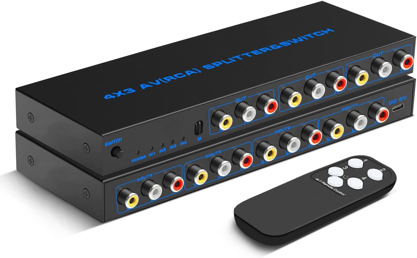 RCA Switch Box 4 in 3 Out: 4 Way AV Splitter 3 Output with Remote Control for Audio Video Distribution, RCA Splitter Switcher Composite Video L/R Audio Selector Box for DVD STB Game Consoles