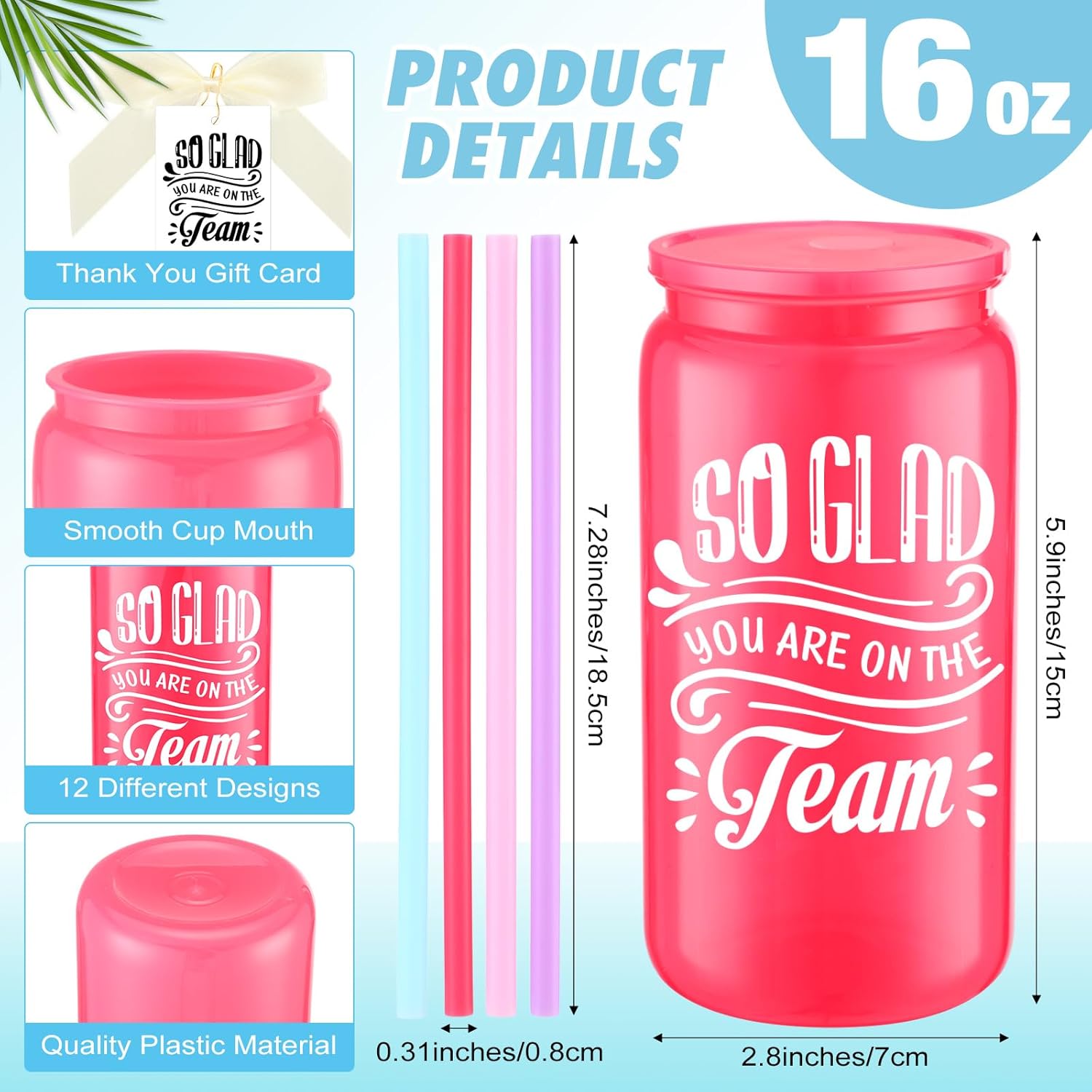 Skylety 12 Pcs Teachers Appreciation Gifts 16 oz Employee Thank You Plastic Cups Reusable Drinking Cup with Lids and Straws, Bow Cards and Opp Bag Team Group Gift(Team)