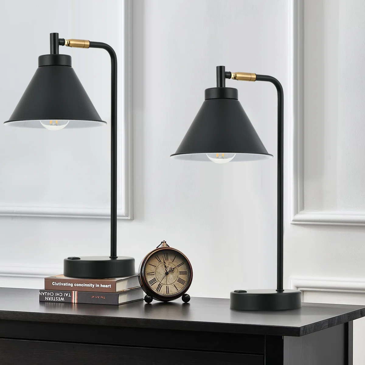 Touch Dimmable USB & Type-C & AC Outlet Industrial Metal Desk Lamp with Bulb