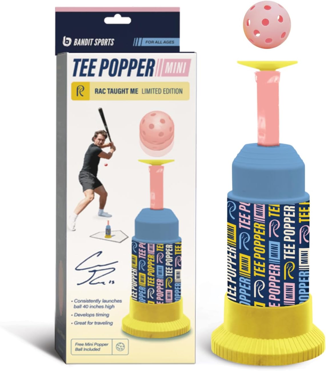 Bandit Sports Coach RAC Tee Popper Mini, Hitting Tee for Perfect Swings, Batting Machine for Practicing Hitting Without a Pitcher Blue