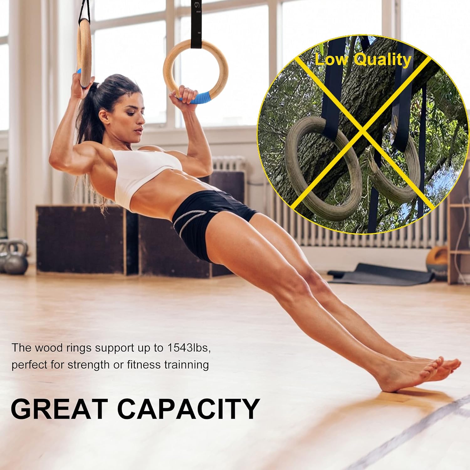 Wood Gymnastic Rings with Adjustable Number Suspension Trainer Straps with Cam Buckle 15ft Olympic Rings 32/28mm Heavy Duty 1543/992lbs for Pull Up Bar Workout Exercise Gym Hanging Rings Indoor 28mm ring + straps