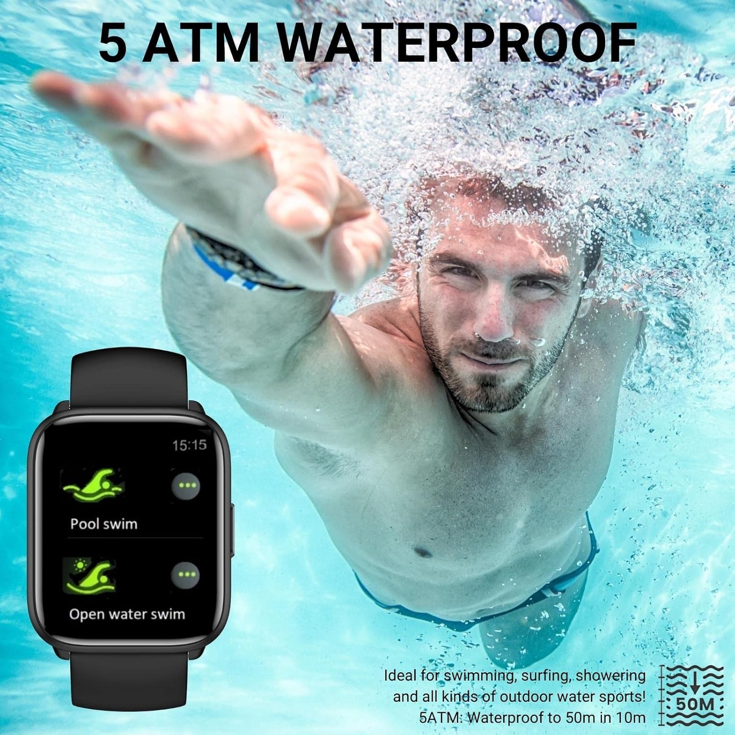 Holiday Smart Watch for Men Women, 1.8 Full Touch Screen Fitness Tracker with Heart Rate SpO2 Sleep Monitor, 100+ Sports 5ATM Waterproof Swim Smartwatch for Android iOS Phones (Black, 1.8)