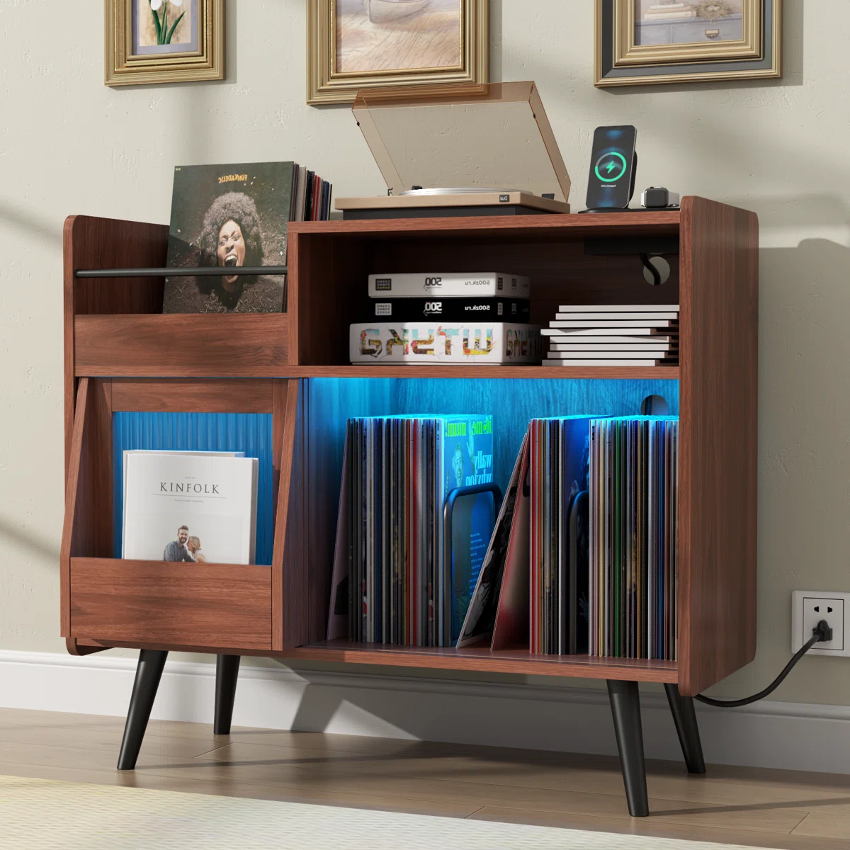 Large Record Player Stand, 350 Vinyl Record Storage Holder with Power Outlet and LED Light