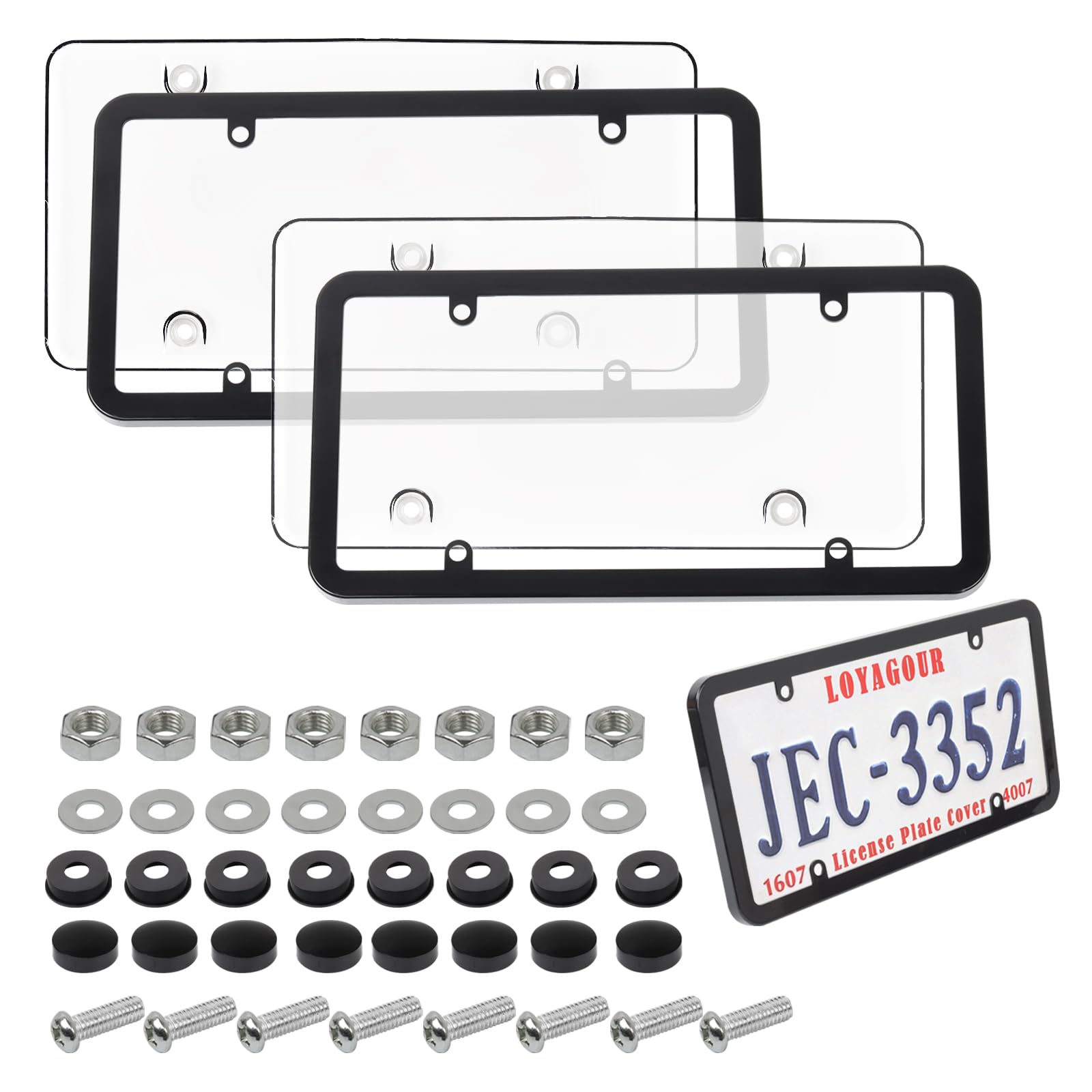 LoyaGour 2-Pack License Plate Covers with Screws and Caps (Clear)