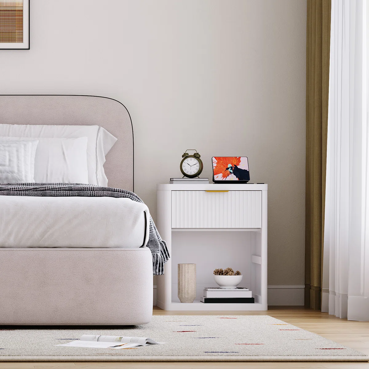 Fluted Nightstand w/ Charging Station, Mid Century Modern Bedside Table with Drawers & Open Shelf