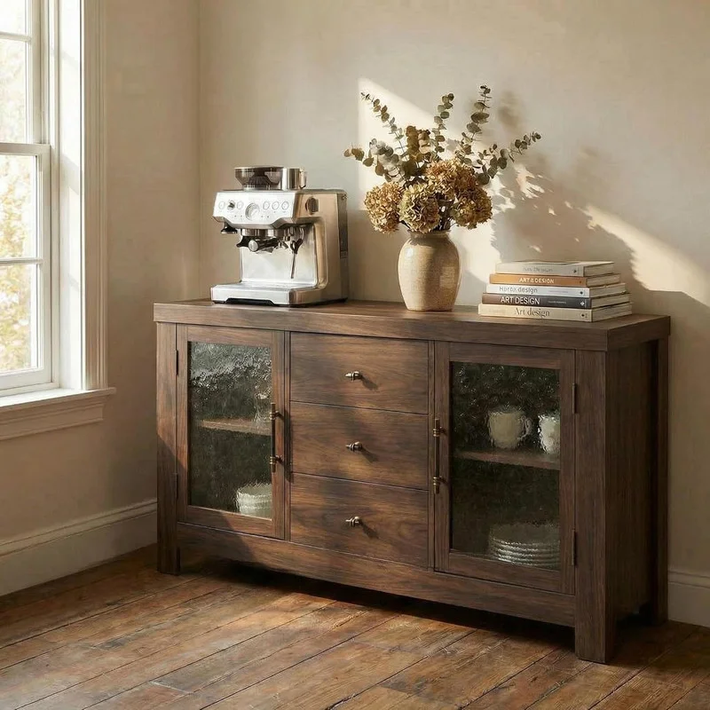 54-inch Buffet Sideboard with 2 Glass Doors & 3 Drawers, Coffee Bar & TV Stand for Living Room