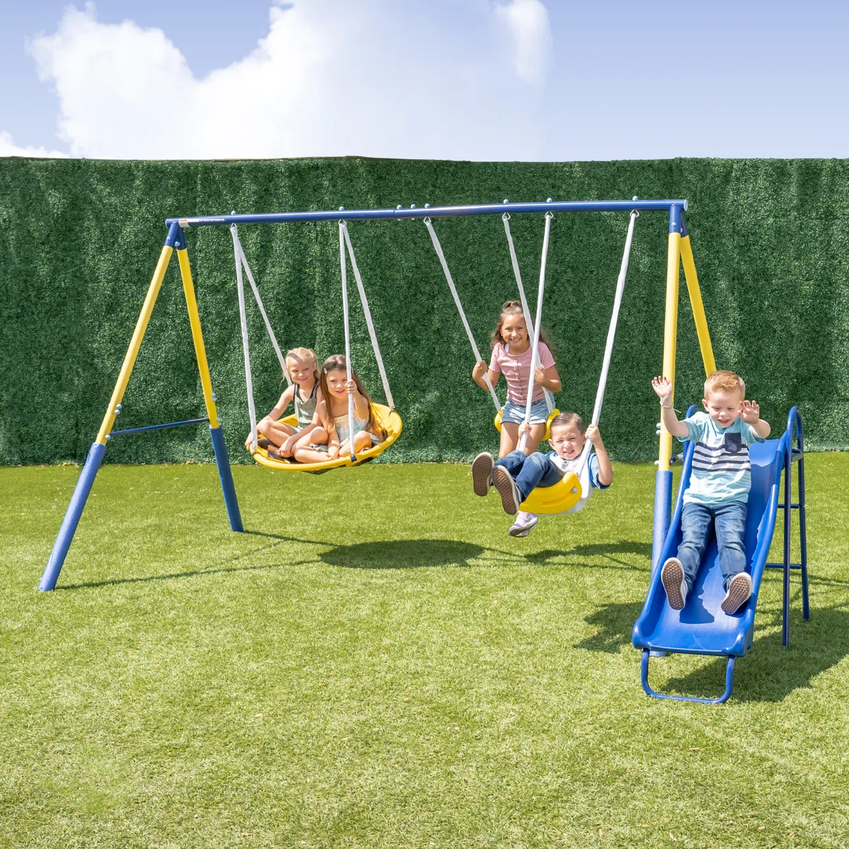 Sportspower Super Fun Metal Swing Set with Padded Saucer Swing & Lifetime Warranty on 5' Slide