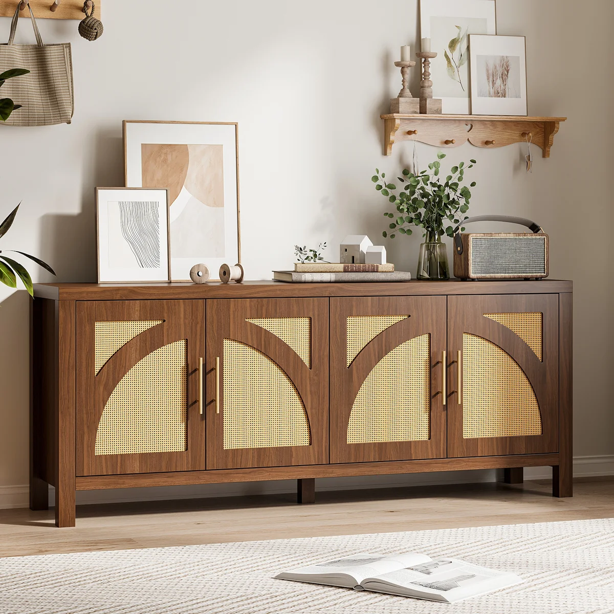 Boho PE Rattan TV Stand with Four Doors, Media Console Entertainment Center with Cabinets & Shelves, Storage Living Room Furniture