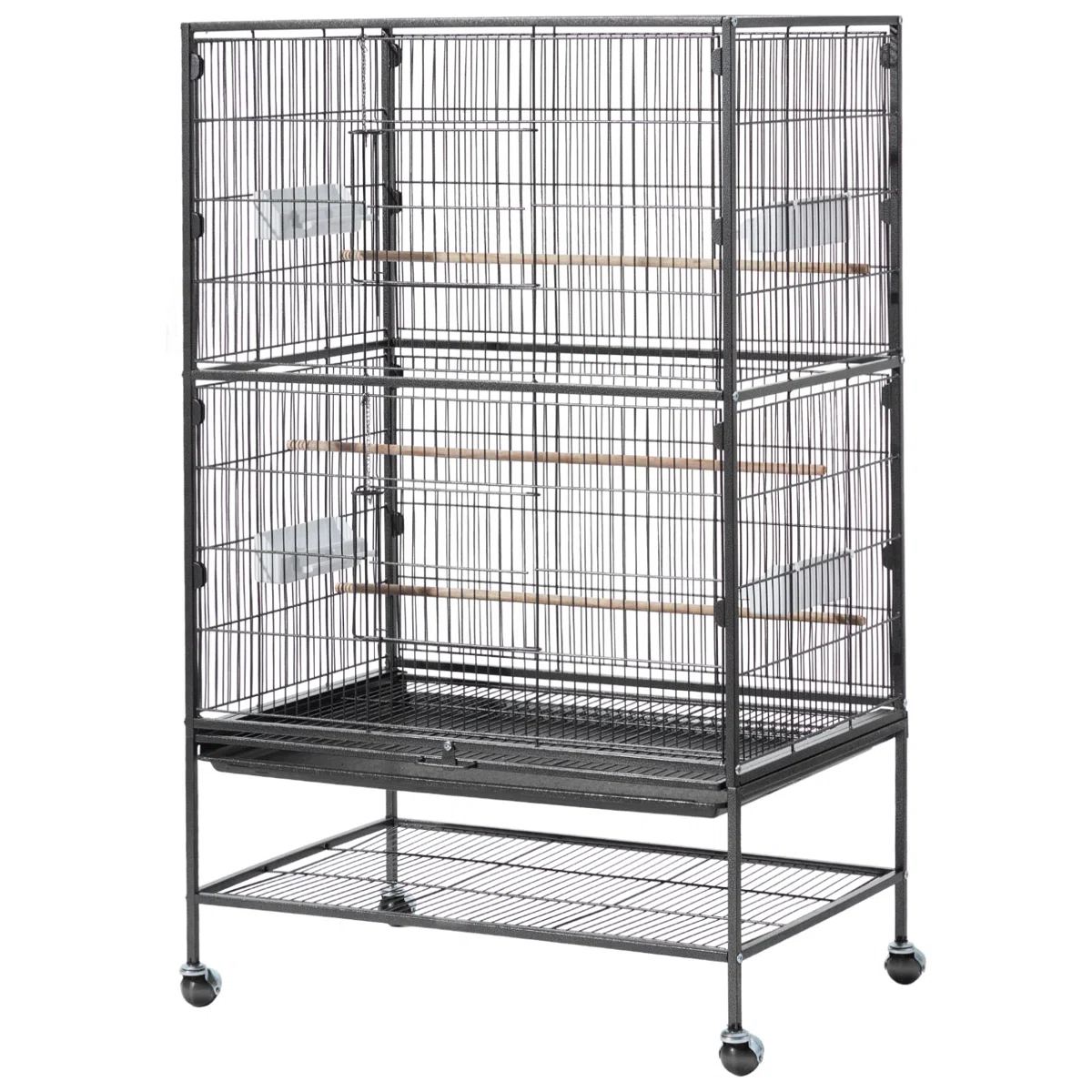 Bird Cage, 31.5 x 20.5 x 52 inch, Flat Top, Wrought Iron Bird Flight Cage with Perches, Slide-Out Tray and Plastic Feeders, Casters, for Parrot, Blue Tit, Cockatiel, Canary, and Monk Parakeet