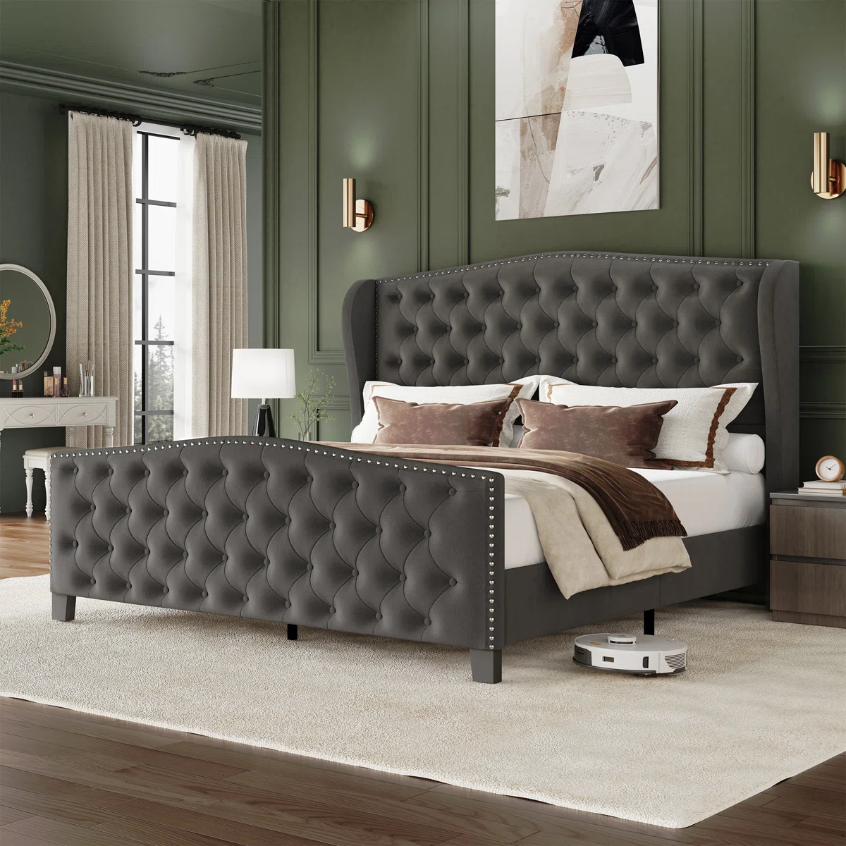 House of Hampton® Velvet Upholstered Platform Bed Frame With 51.1" Wingback Headboard & Deep Button Tufted Footboard, No Box Spring Required, Easy Assembly