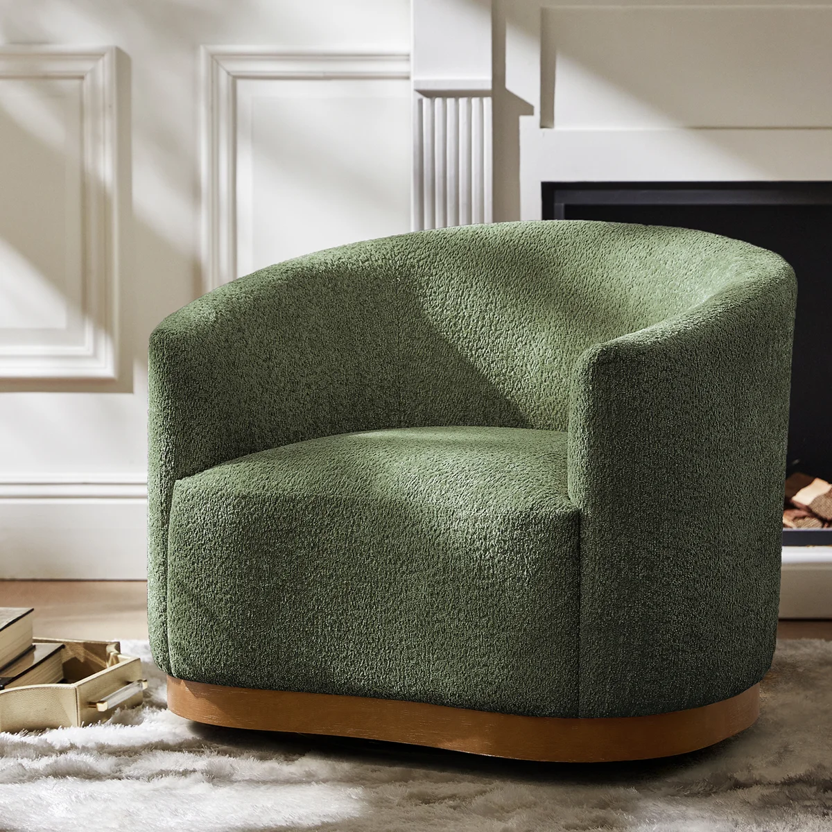 Berklie 31.5"W Modern Boucle Chenille Swivel Barrel Armchair with Ergonomic Backrest and Solid Wood Legs