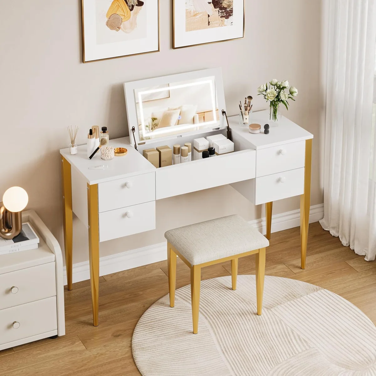 47β Makeup Vanity Desk With Flip Top Mirror And Lights, Dresser LED Mirror With 3 Color Modes Adjustable, Makeup Vanity Table Set With Chair And 5 Drawers For Bedroom