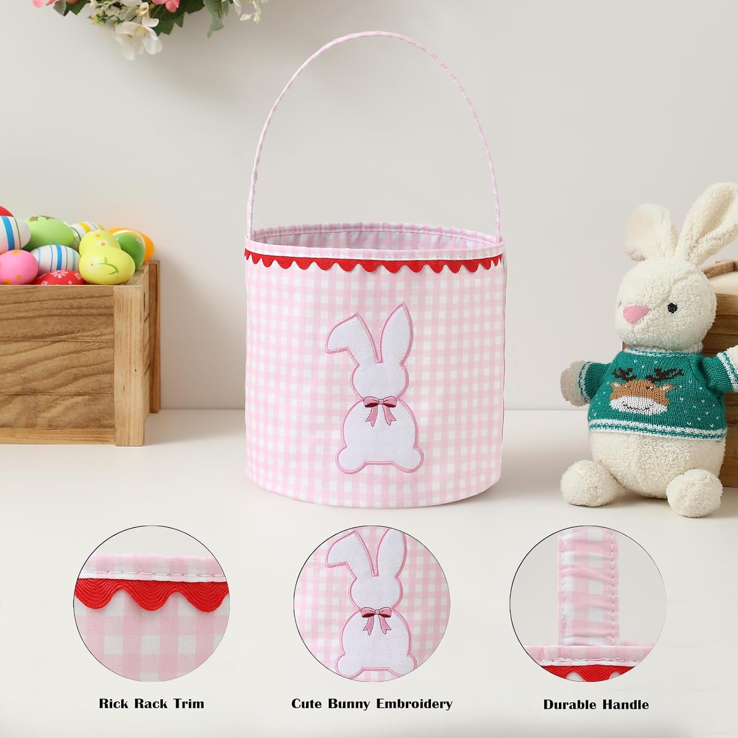DYSHAYEN Bunny Easter Basket, Gingham Empty Easter Bucket with Handle for Easter Egg Hunts Party Favor Decorations (Pink)