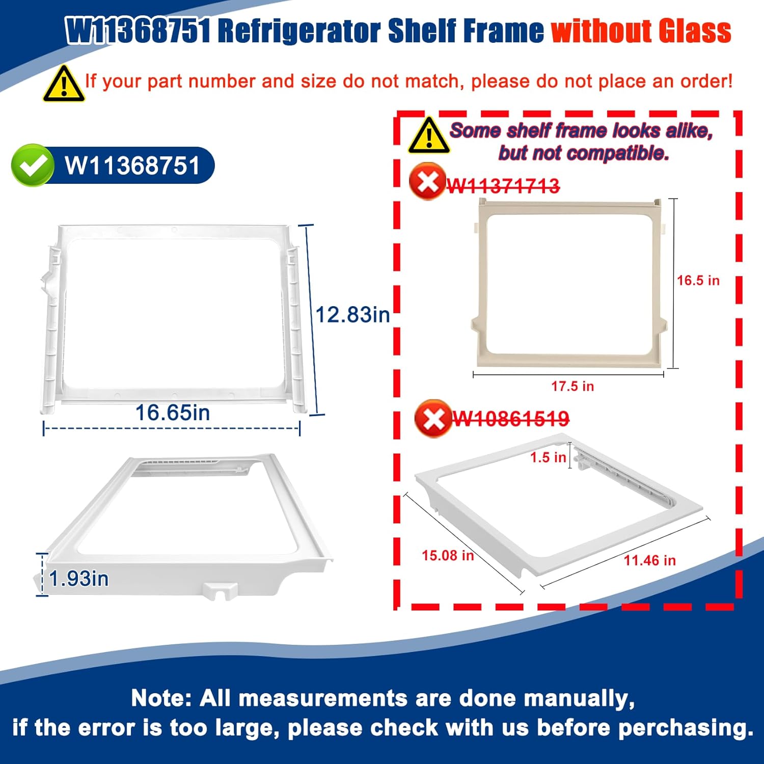 W11368751, W10905531 Refrigerator Shelf Frame(no glass) Compatible with whirlpool, kenmore, amana, maytag and ikea (some models), Crisper Drawer Cover Frame Replacement: W10904001, AP6888387, 4929301