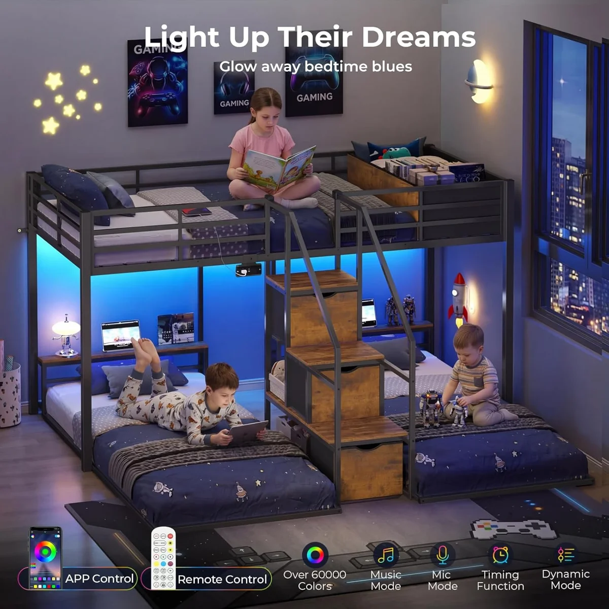 Triple Bunk Bed With Storage Staircase, Rgb Lights & Charging Station, Twin Over Twin, Heavy Duty Metal 3 Bunk Beds With Drawers & Headboard Shelf, Safety Guardrails, For Kids (Incomplete, Box 1/2)