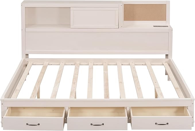 Full Size Wooden Daybed with 3 Storage Drawers, Soft Upper Board, Shelf, and Power Sockets with USB Ports, White Finish
