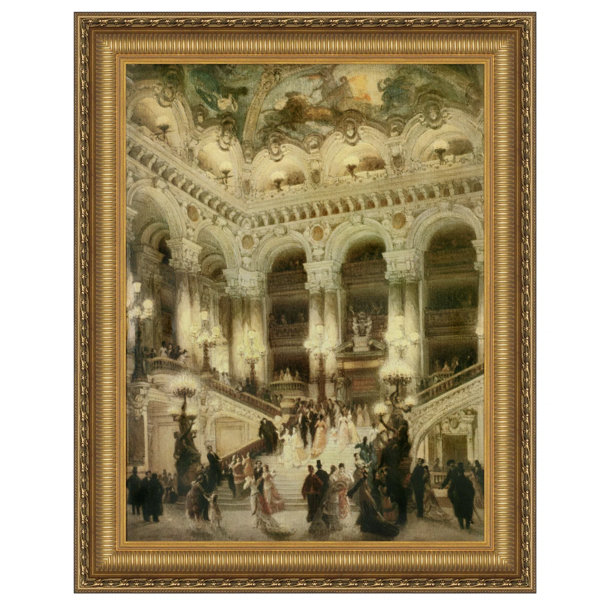 "Le Couloir De L'Opera" by Jean Beraud Hand-Embellished Framed Canvas Oil Painting Print with Mounting Hardware