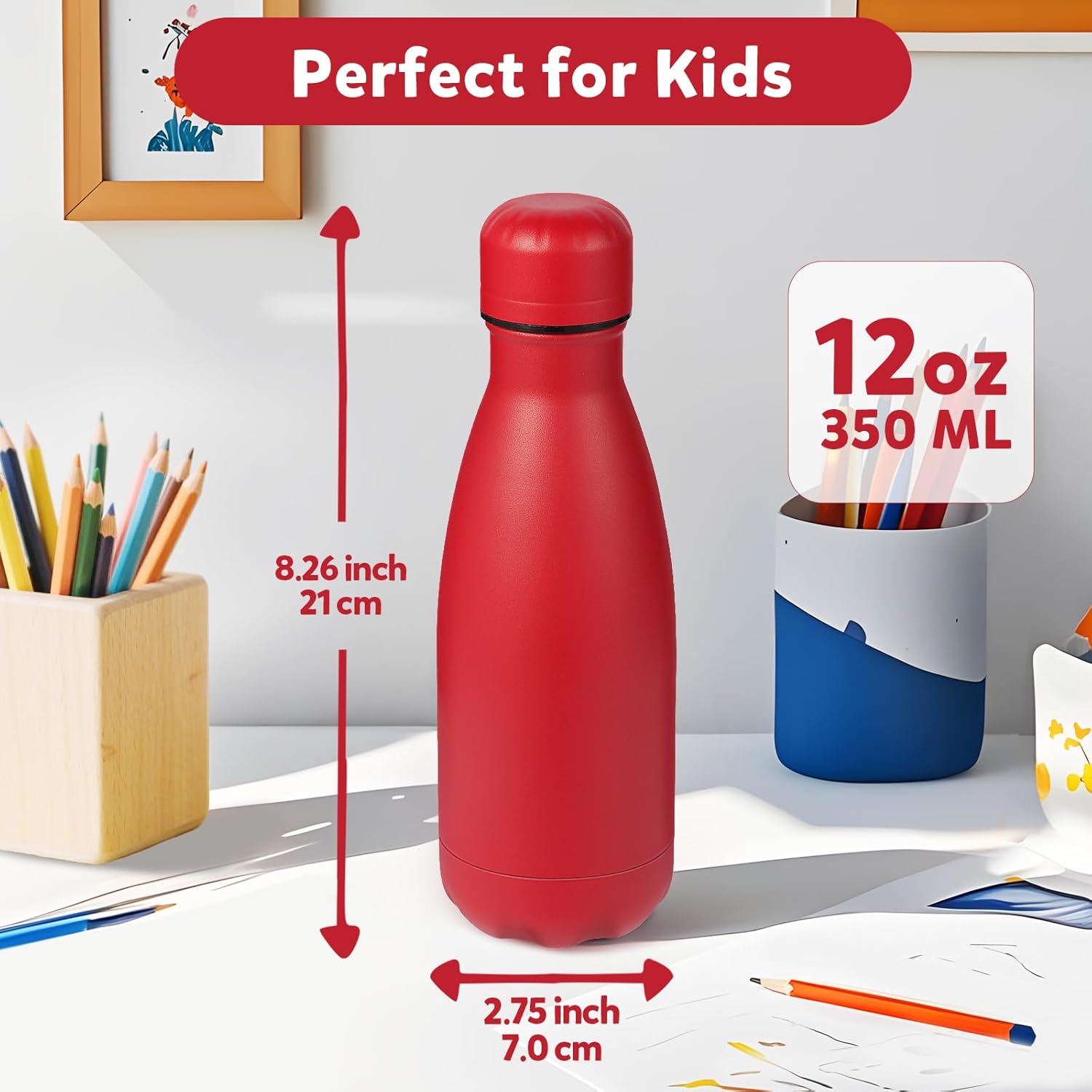 Volhoply 12oz Small Water Bottle Stainless Steel, BPA Free Insulated Water Bottles, Double Wall Cola Shape Flask, Keeps Cold 24 Hours and Hot 12 Hours for Kids Handbag (Red,1) 1 Red